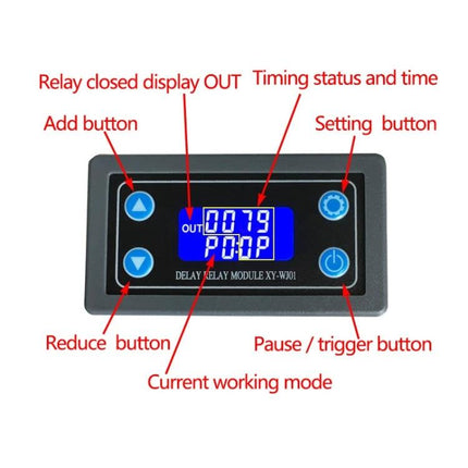 Versatile Relay Module for Delay Timing and Circuit Control digital timer display with labeled buttons for add, reduce, setting and pause/trigger