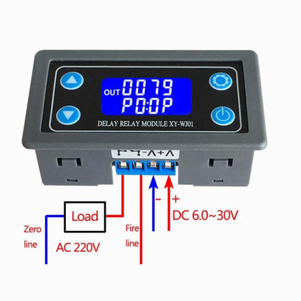 Versatile Relay Module for Delay Timing and Circuit Control digital delay relay module with LCD, buttons and DC 6–30V wiring diagram