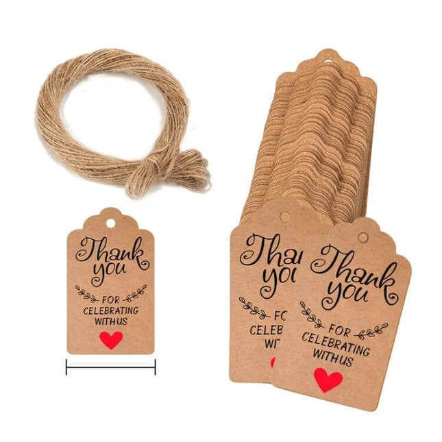 Kraft Paper Gift Tags 100-Pack With 20m Jute Rope For Gift Wrapping - thank you kraft tags with printed heart and natural jute rope