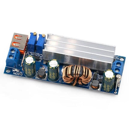 Adjustable DC Voltage Booster for Electronic Power Needs - blue PCB module with heatsink, inductors, capacitors and USB output