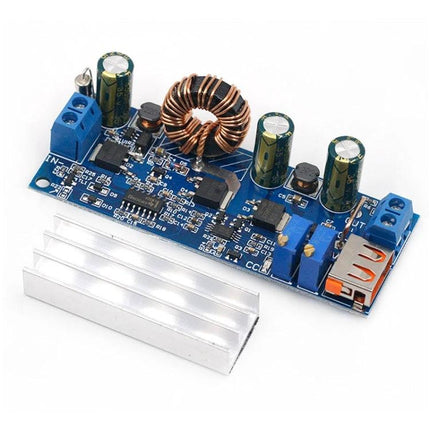 Adjustable DC Voltage Booster for Electronic Power Needs blue boost converter module with inductor, capacitors, USB output and heatsink
