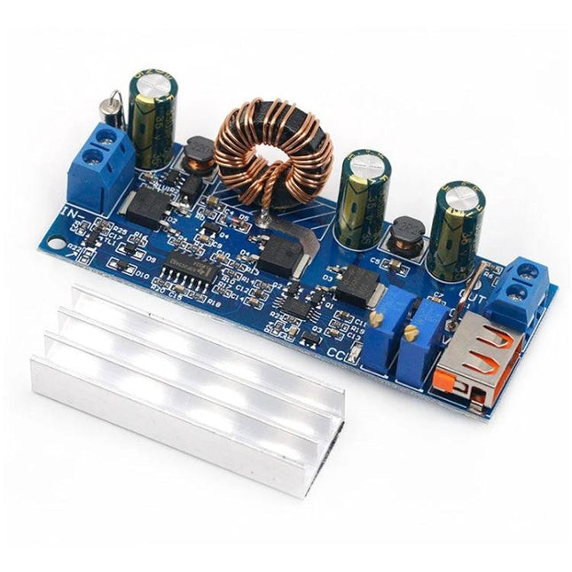 Adjustable DC Voltage Booster for Electronic Power Needs blue boost converter module with inductor, capacitors, USB output and heatsink