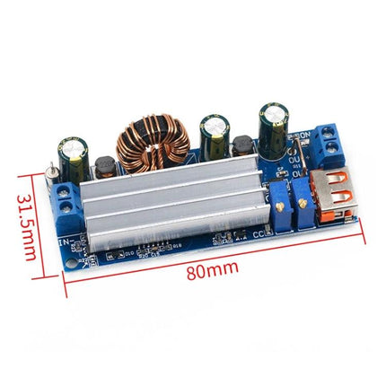 Adjustable DC Voltage Booster for Electronic Power Needs compact 80mm module with heatsink, coils and capacitors for stable 3–30V output
