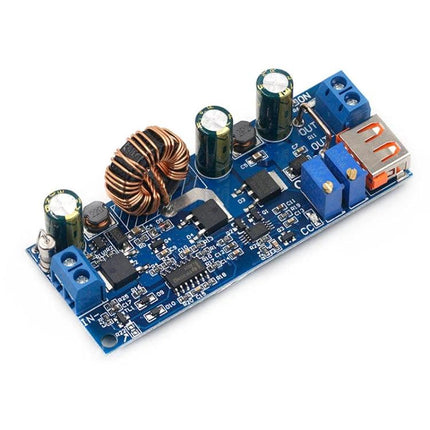 Adjustable DC Voltage Booster for Electronic Power Needs compact blue boost converter board with USB output and adjustable potentiometers