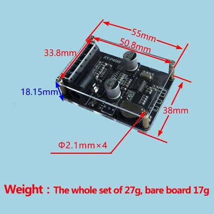 Bluetooth Stereo Amplifier for Home Audio Systems, 40W Output small PCB board with dimensions and mounting posts for compact home audio setup
