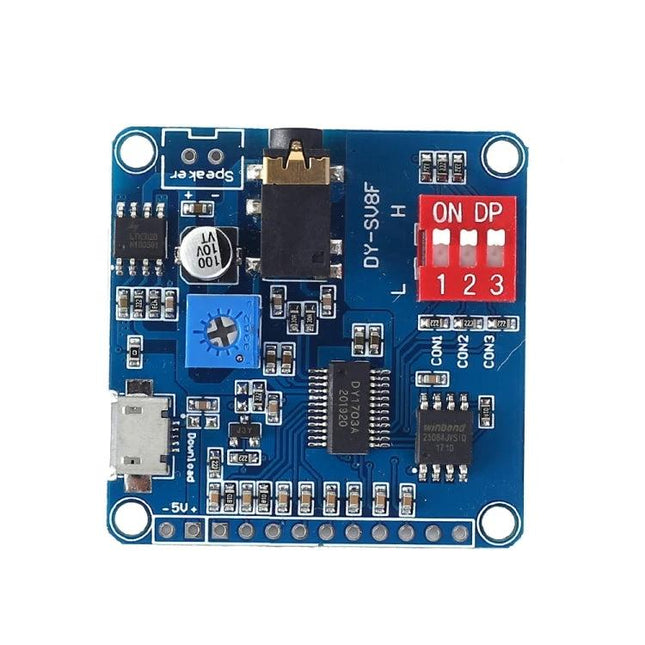 MP3 Voice Broadcast Module with USB and Built-in Storage compact playback board with micro USB, audio jack, DIP switches and headers