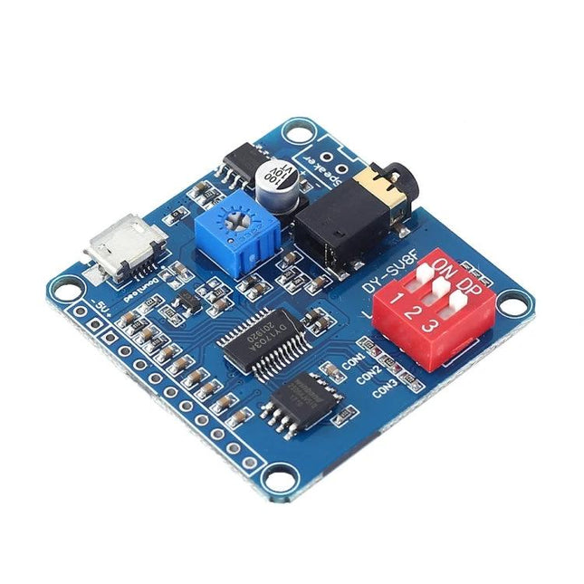 MP3 Voice Broadcast Module with USB and Built-in Storage - blue PCB voice playback module with USB, headphone jack, and DIP switches for DIY projects