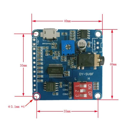 MP3 Voice Broadcast Module with USB and Built-in Storage compact board showing USB port, headphone jack, DIP switches and mounting holes