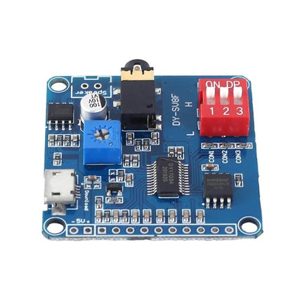 MP3 Voice Broadcast Module with USB and Built-in Storage - blue PCB module with USB, DIP switches and headphone jack