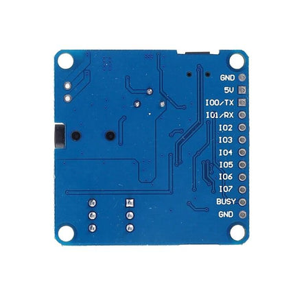 MP3 Voice Broadcast Module with USB and Built-in Storage — blue PCB module showing IO pins, GND, 5V, TX/RX and BUSY labels for voice playback