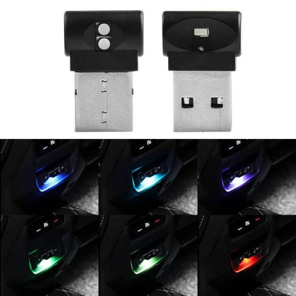 Car USB Atmosphere Light Colorful Decor Set 2 Pack USB lights showing two black ABS USB modules and six ambient interior colors (blue, cyan, purple, green, red)