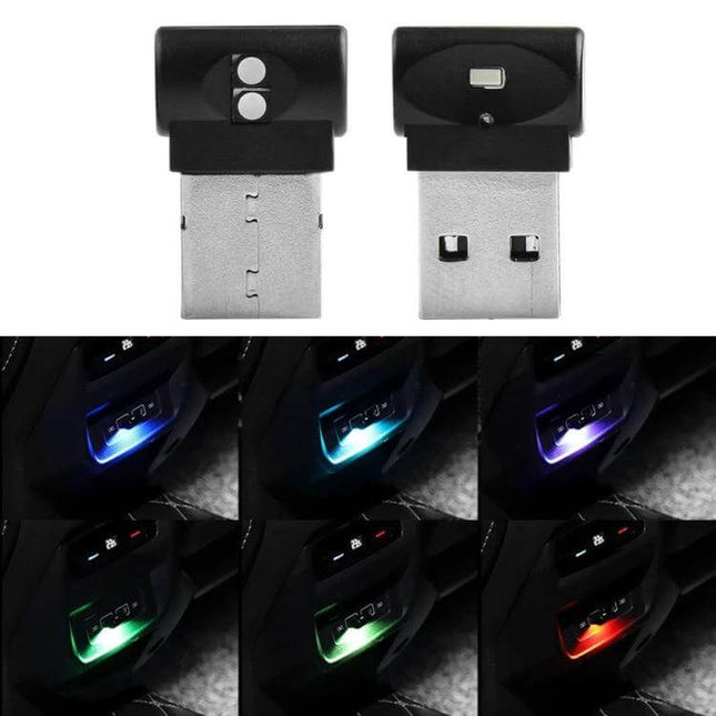 Car USB Atmosphere Light Colorful Decor Set 2 Pack USB lights showing two black ABS USB modules and six ambient interior colors (blue, cyan, purple, green, red)