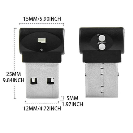 Car USB Atmosphere Light Colorful Decor Set 2 Pack - compact USB LED module with ABS shell and touch color control, shown front and back with dimensions