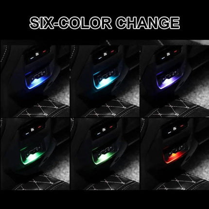 Car USB Atmosphere Light Colorful Decor Set 2 Pack showing six-color change ambient interior LED lights in blue, cyan, purple, green, lime and red