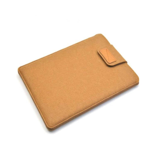 Vertical Felt Sleeve Bag for Laptops and Tablets, 11-15 Inches plush tan felt sleeve with magnetic tab closure for commuting protection