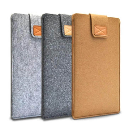 Vertical Felt Sleeve Bag for Laptops and Tablets, 11-15 Inches in three colors gray charcoal and tan showing front flap and felt texture