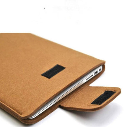 Vertical Felt Sleeve Bag for Laptops and Tablets, 11-15 Inches - brown felt sleeve with Velcro flap partially open showing laptop corner