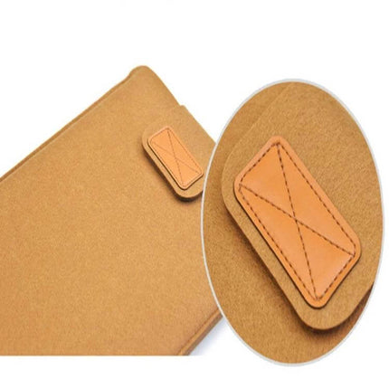 Vertical Felt Sleeve Bag for Laptops and Tablets, 11-15 Inches - tan felt sleeve with leather tab detail protecting device