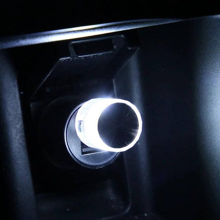 Car USB LED Atmosphere Lamp Multicolor Mood Lighting plugged into car USB port emitting soft white ambient glow for dashboard or footwell (compact, portable)