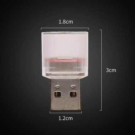 Car USB LED Atmosphere Lamp Multicolor Mood Lighting compact USB plug-in mood light showing dimensions 3×1.8×1.2 cm, 5V 1W plug-and-play car ambient lamp