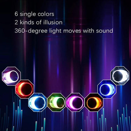 Car USB LED Atmosphere Lamp Multicolor Mood Lighting - compact USB car ambient light showing 6 single colors, 360-degree sound-responsive glow