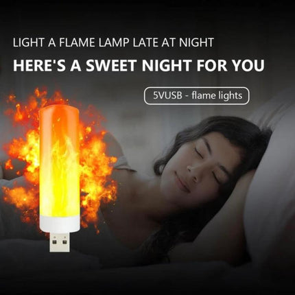 Four USB Flame Lamps for Cozy Evening Home Ambiance - USB flame lamp glowing beside sleeping person, warm flickering light for reading and relaxing