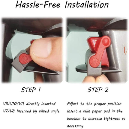 Power Button Trigger Lock Accessory for Dyson Vacuums, 2 Pack installed on trigger showing hassle-free installation steps