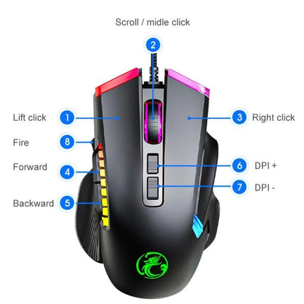 Imice T70 Wired Gaming Mouse with Programmable Buttons and RGB Lights showing programmable side buttons, DPI controls and RGB lighting