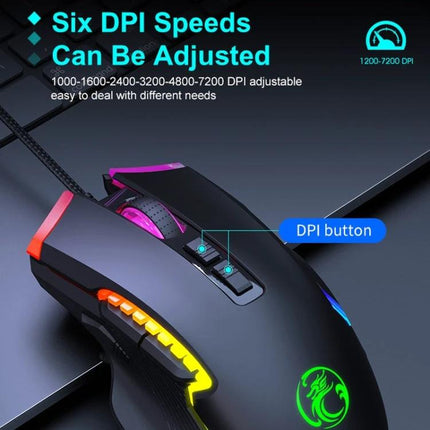 Imice T70 Wired Gaming Mouse with Programmable Buttons and RGB Lights showing DPI button, six adjustable DPI speeds and RGB lighting