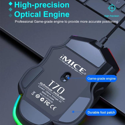 Imice T70 Wired Gaming Mouse with Programmable Buttons and RGB Lights showing underside, braided cable, ergonomic design and RGB lighting