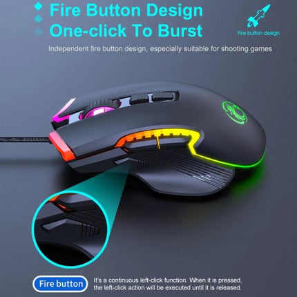 Imice T70 Wired Gaming Mouse with Programmable Buttons and RGB Lights showing ergonomic design, programmable fire button and RGB lighting