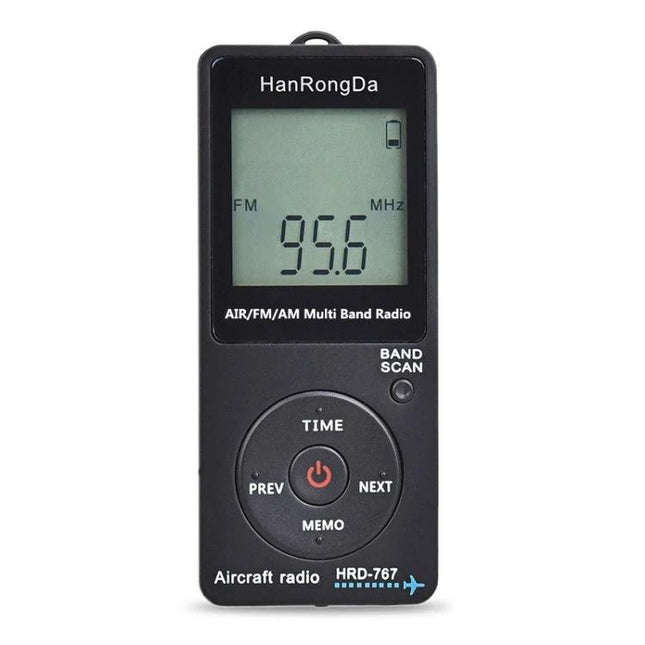 Portable Mini Radio for FM, AM, and Aviation Band Listening - compact handheld aircraft/FM AM receiver with digital display showing 95.6 MHz