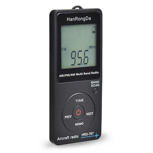 Portable Mini Radio for FM, AM, and Aviation Band Listening - compact black multi-band aircraft radio with LCD tuned to 95.6 MHz