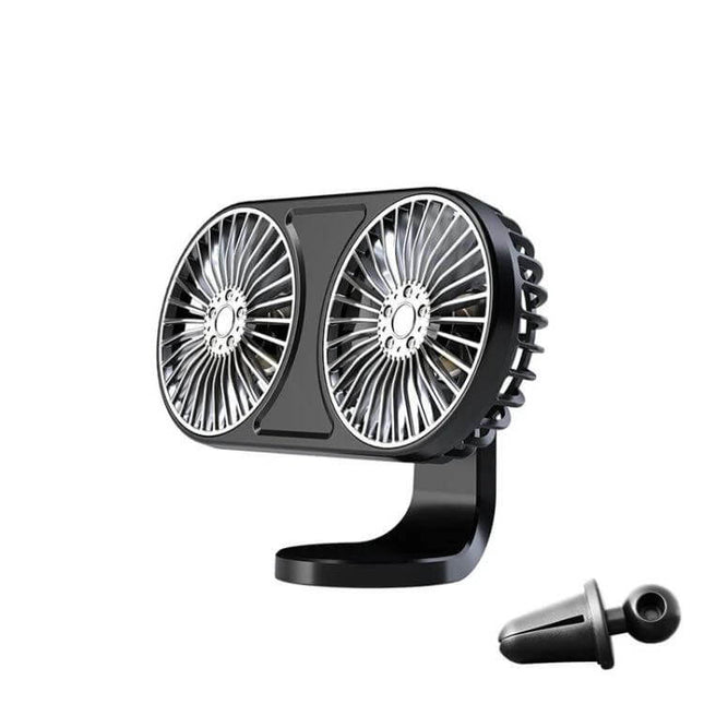 Car USB Mini Fan With Dual Head For Dashboard Air Outlet - black dual-head USB car fan with vent mount, adjustable ball joint, compact ABS design