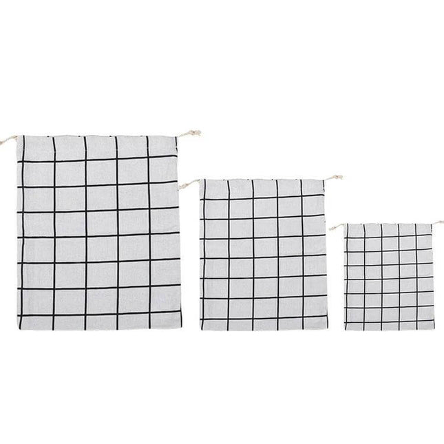 Cotton Linen Drawstring Sundries Storage Bag Three Sizes white grid set for organizing clothes shoes cosmetics in closet or luggage