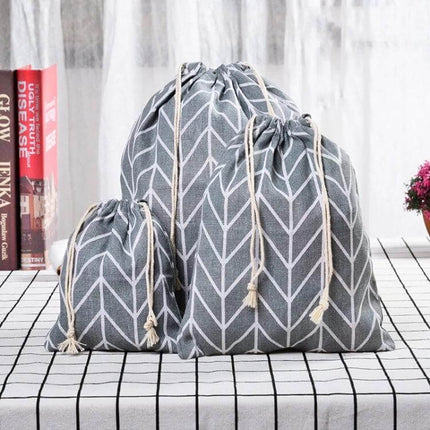 Cotton Linen Drawstring Sundries Storage Bag Three Sizes grey patterned set with drawstring closures for travel and home organization