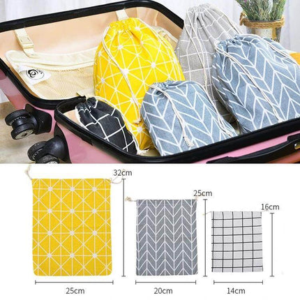 Cotton Linen Drawstring Sundries Storage Bag Three Sizes in patterned yellow gray and blue set for organized travel and closet storage