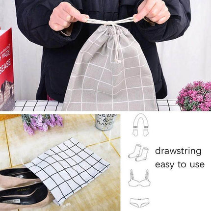 Cotton Linen Drawstring Sundries Storage Bag Three Sizes showing person closing drawstring and grid pattern bags for shoes toiletries and accessories