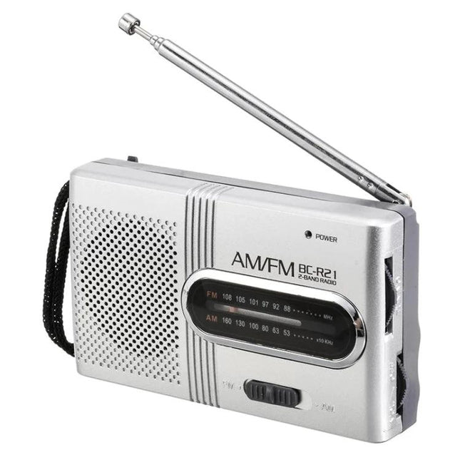 Indin AM/FM Portable Radio for Elderly Daily Listening - silver portable two-band radio with telescopic antenna and built-in speaker