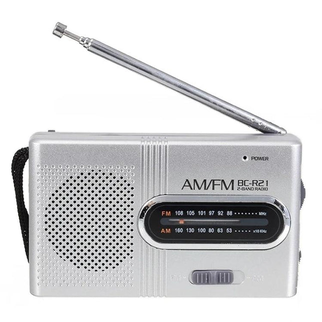 Indin AM/FM Portable Radio for Elderly Daily Listening - silver two-band portable radio with telescopic antenna, manual tuning and built-in speaker