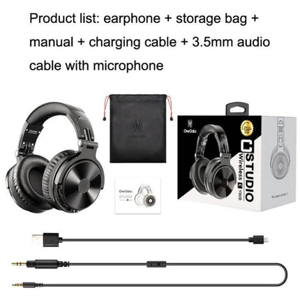 OneOdio Wireless Over Ear Headphones For Daily Commuting foldable wireless headphones with case, cables, manual, and box