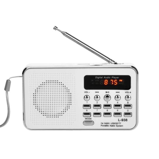 Portable MP3 Audio Player with FM Radio and Card Support compact white unit with speaker, display showing 87.5 FM and extendable antenna