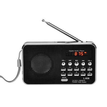 Portable MP3 Audio Player with FM Radio and Card Support - compact black digital audio player with antenna and buttons