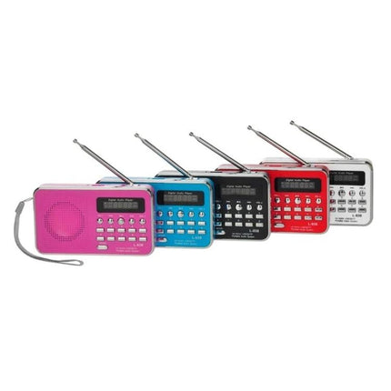 Portable MP3 Audio Player with FM Radio and Card Support - row of colorful compact players with antennas and keypad