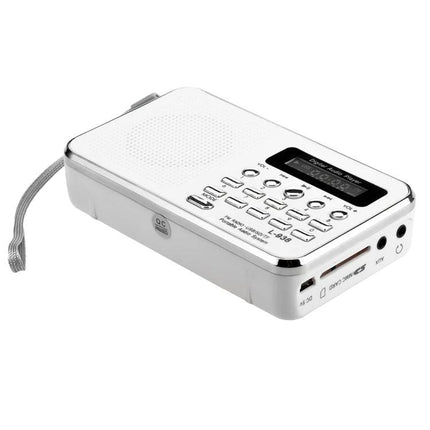 Portable MP3 Audio Player with FM Radio and Card Support - compact white player with buttons, display, speaker and TF/SD card slot