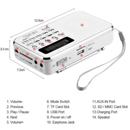Portable MP3 Audio Player with FM Radio and Card Support - compact white MP3 player with TF/SD card slot, USB, AUX, display and wrist strap