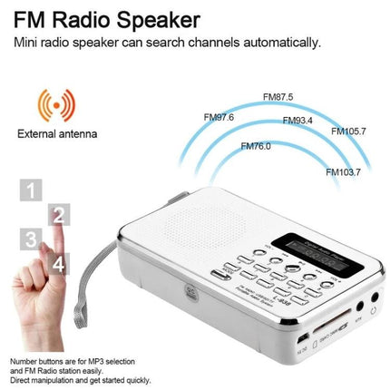 Portable MP3 Audio Player with FM Radio and Card Support white compact player showing FM frequencies, buttons, external antenna and card slot