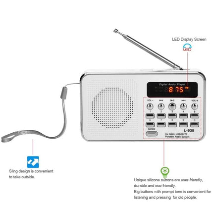 Portable MP3 Audio Player with FM Radio and Card Support - compact white player with speaker, LED display, antenna and wrist strap