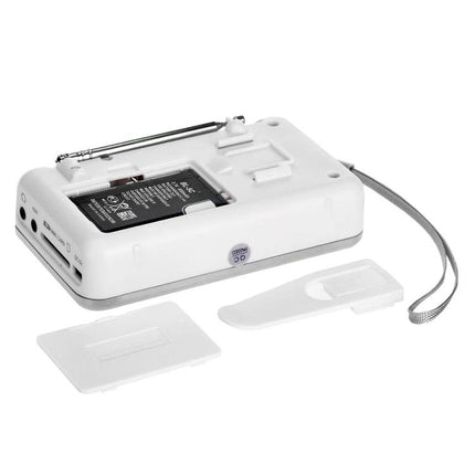 Portable MP3 Audio Player with FM Radio and Card Support showing back panel, battery compartment, antenna and TF/SD card slots