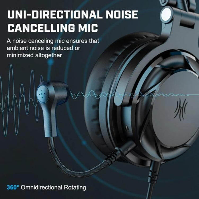 OneOdio Wired Headset With Detachable Boom Mic For Calls showing black over-ear headset with detachable uni-directional noise cancelling mic